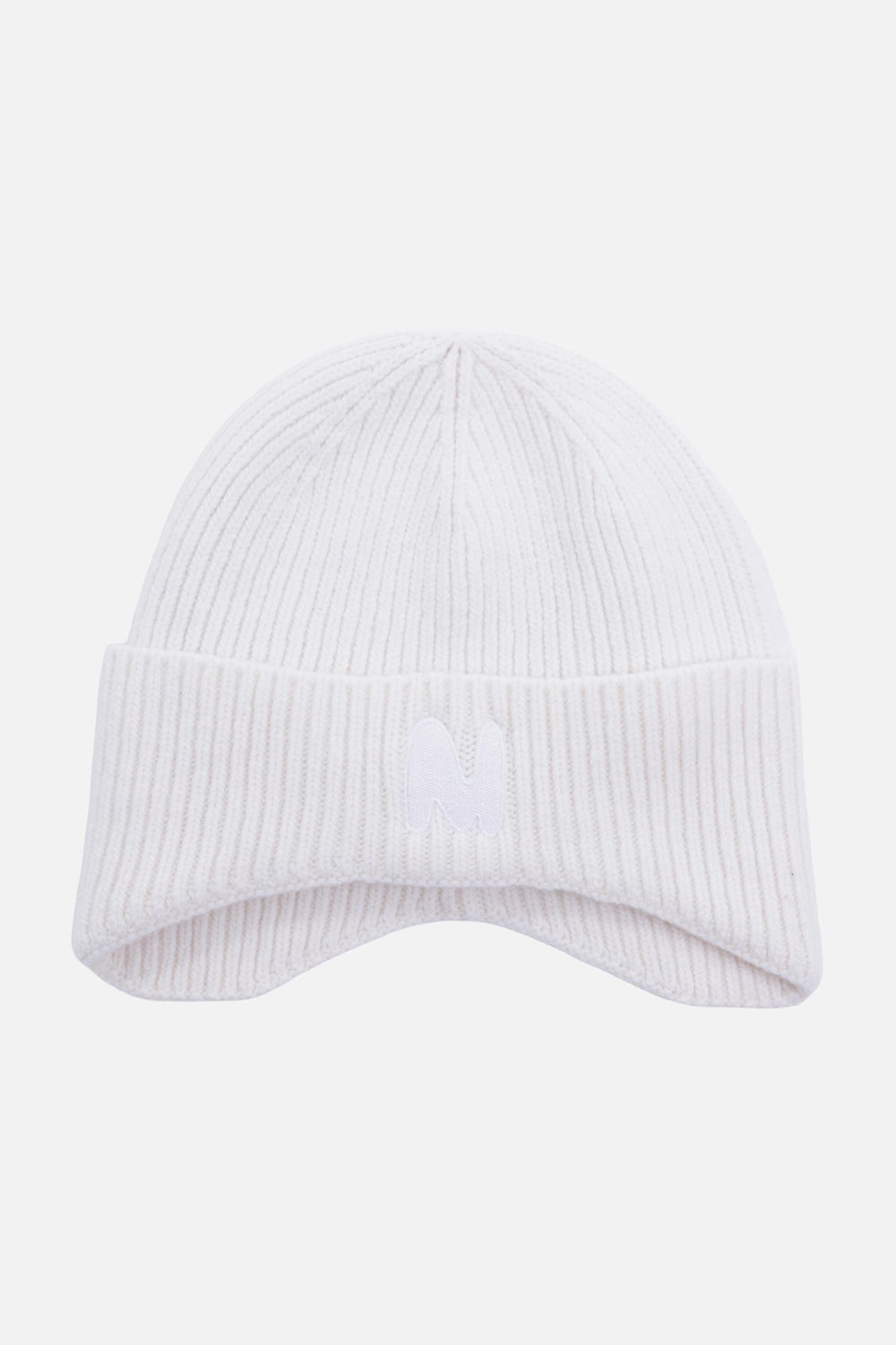 MSGM women's ribbed beanie in white, front view with tonal M embroidery and curved folded cuff
