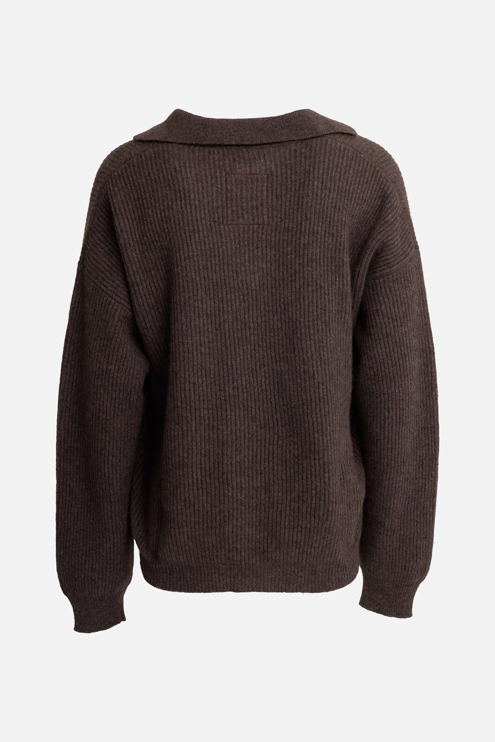 Uma Wang men's brown cashmere polo sweater, back view with red square stitch and relaxed shoulders
