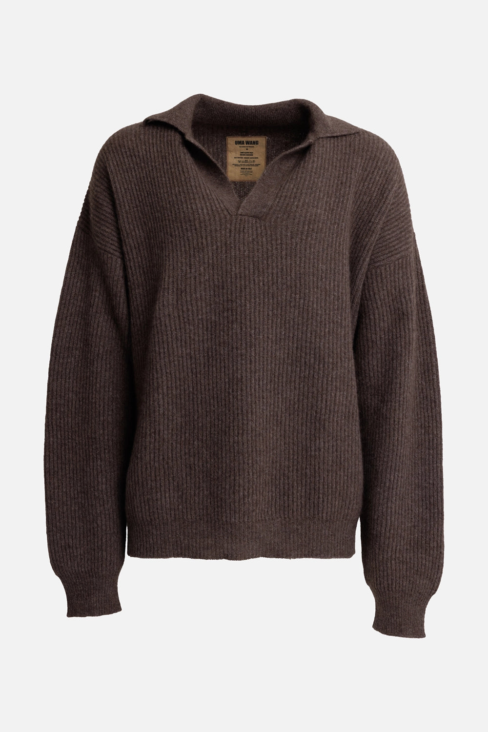 Uma Wang men's brown cashmere polo sweater, front view with open V-neck collar and dropped shoulders