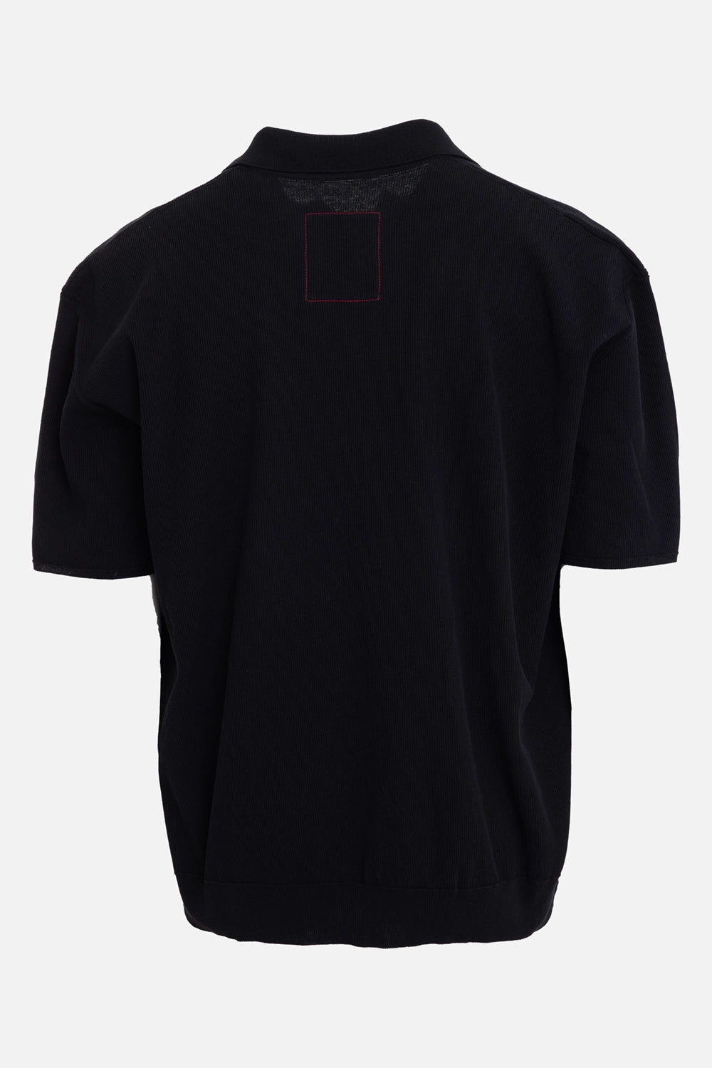 Uma Wang men's polo shirt in black, back view with square stitched detail at the upper back