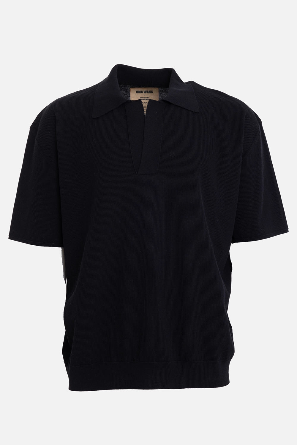 Uma Wang men's polo shirt in black, front view with ribbed texture, open V-neck collar and wide hem
