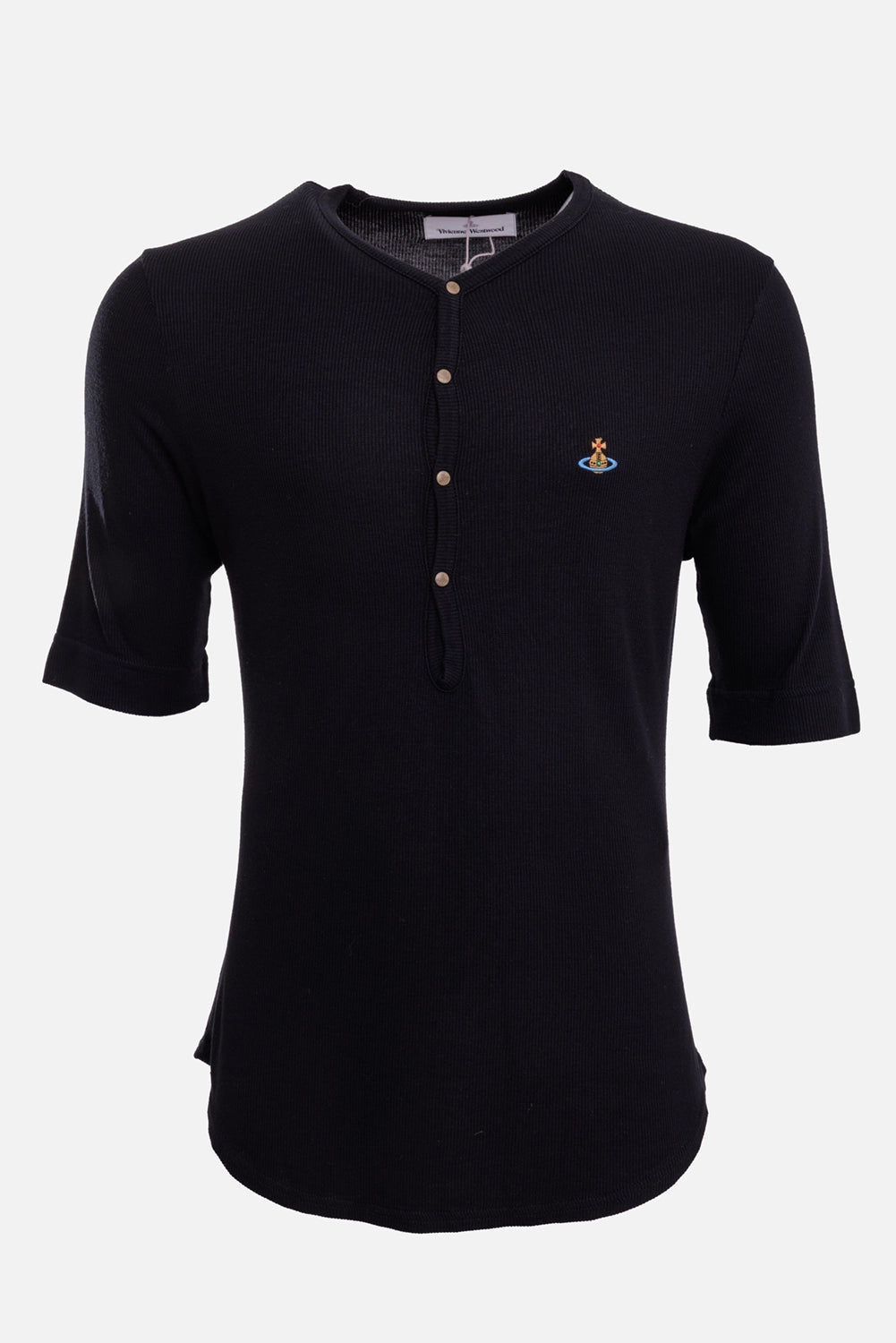 Vivienne Westwood men's black ribbed Henley T-shirt, front view with metal buttons, chest Orb and curved hem