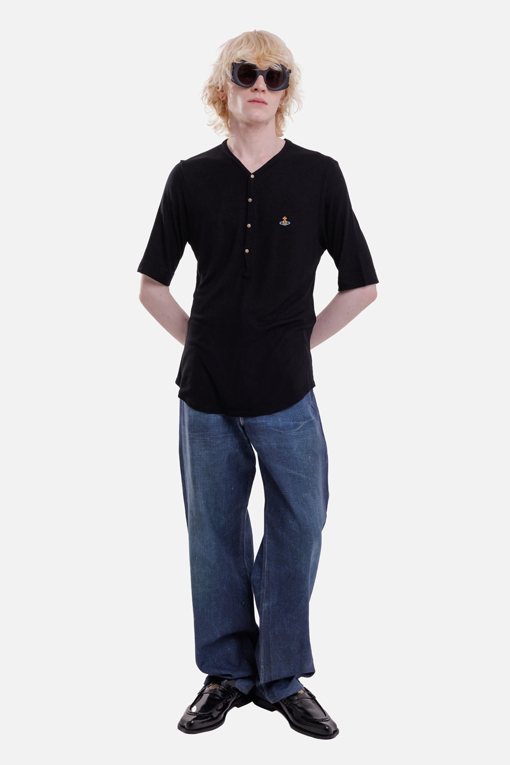 Vivienne Westwood men's black ribbed Henley T-shirt, full-length view with four-button placket and chest Orb