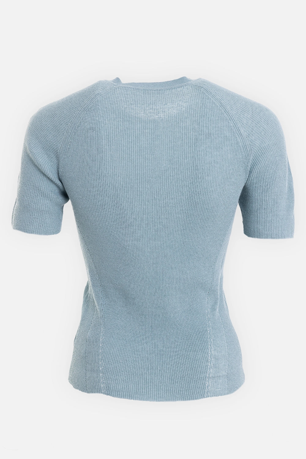 Joseph women's ribbed knit T-shirt in chambray, back view, vertical ribbing and short sleeves