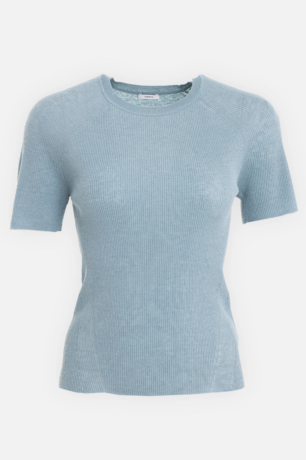 Joseph women's ribbed knit T-shirt in chambray, front view, crew neck and raglan seams