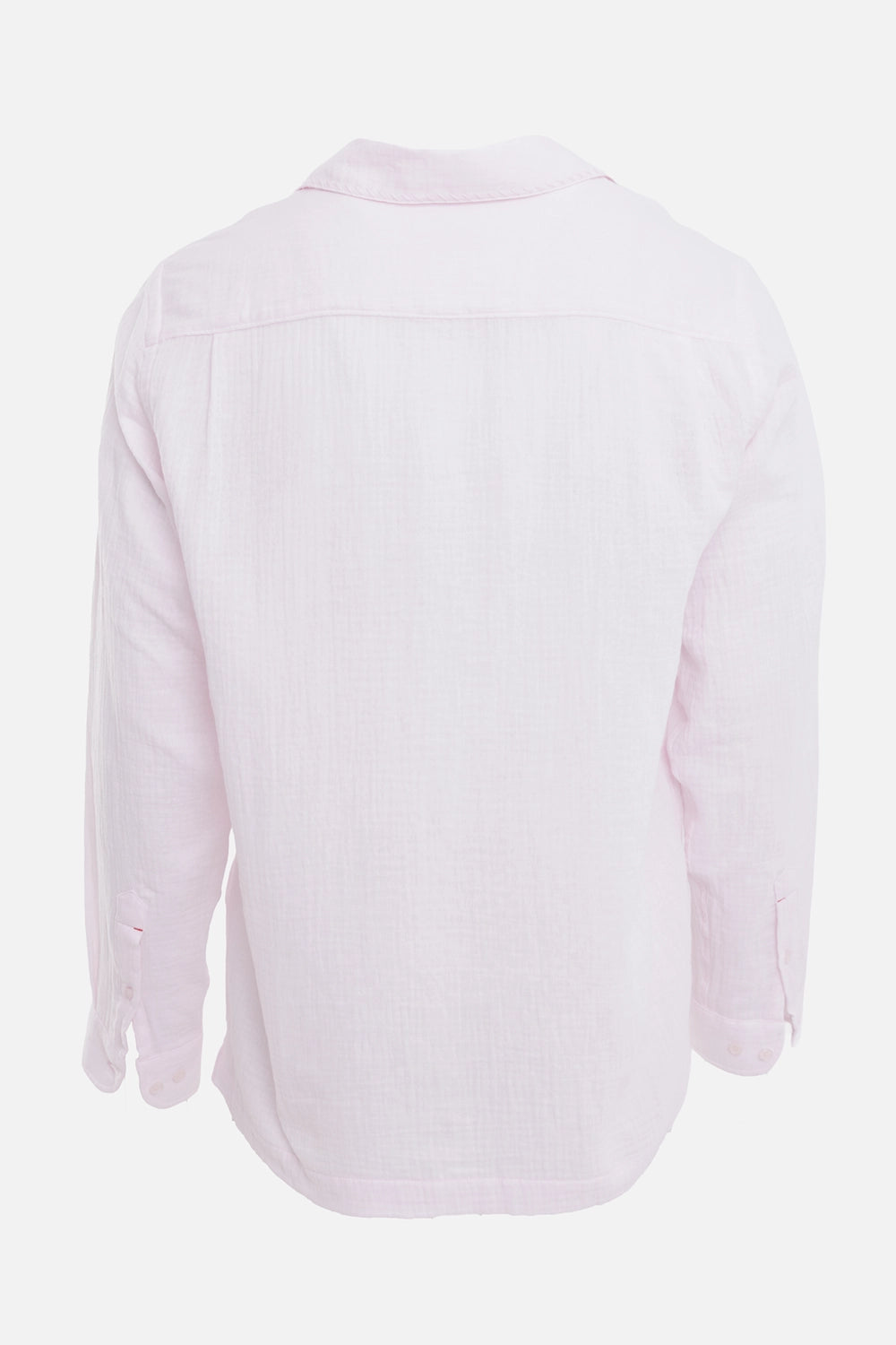 Orlebar Brown men's shirt in Macaron Pink, back view with yoke seam and buttoned cuffs