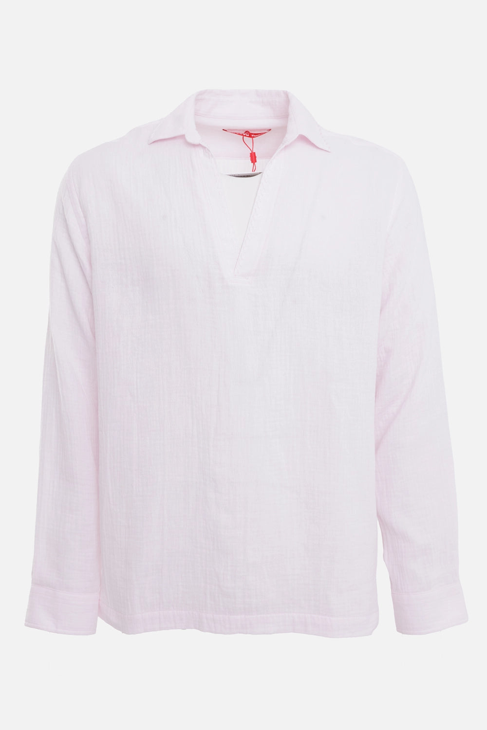 Orlebar Brown men's shirt in Macaron Pink, front view with classic collar and tonal edge stitch