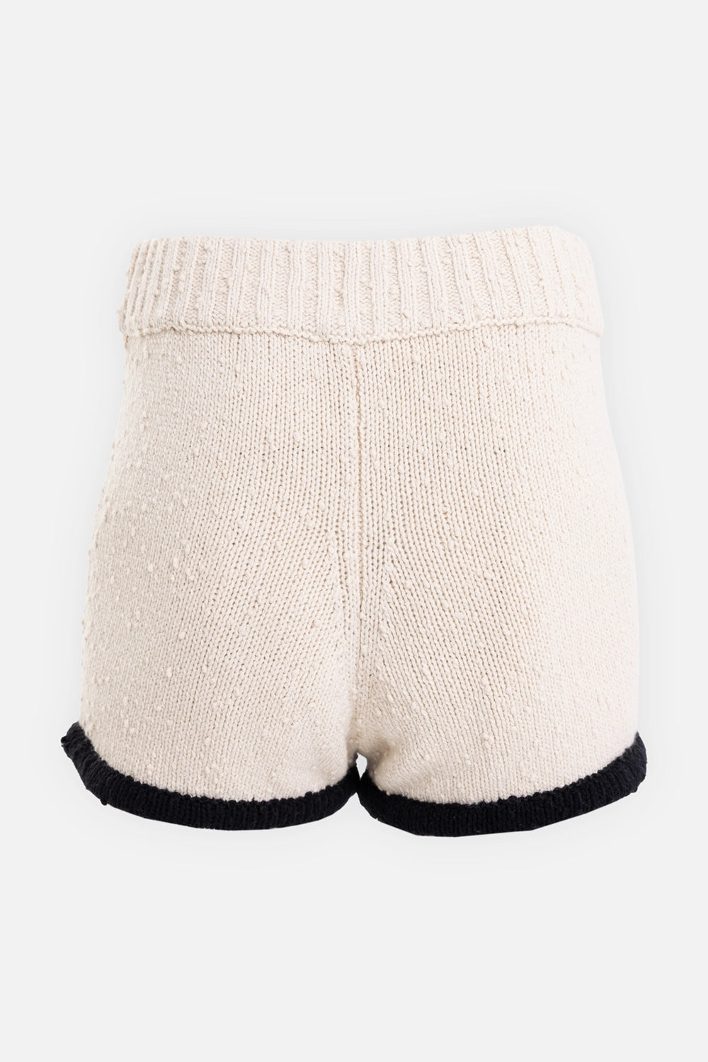 By Malene Birger women's knit shorts in black white color block, back view with bouclé knit and black trim
