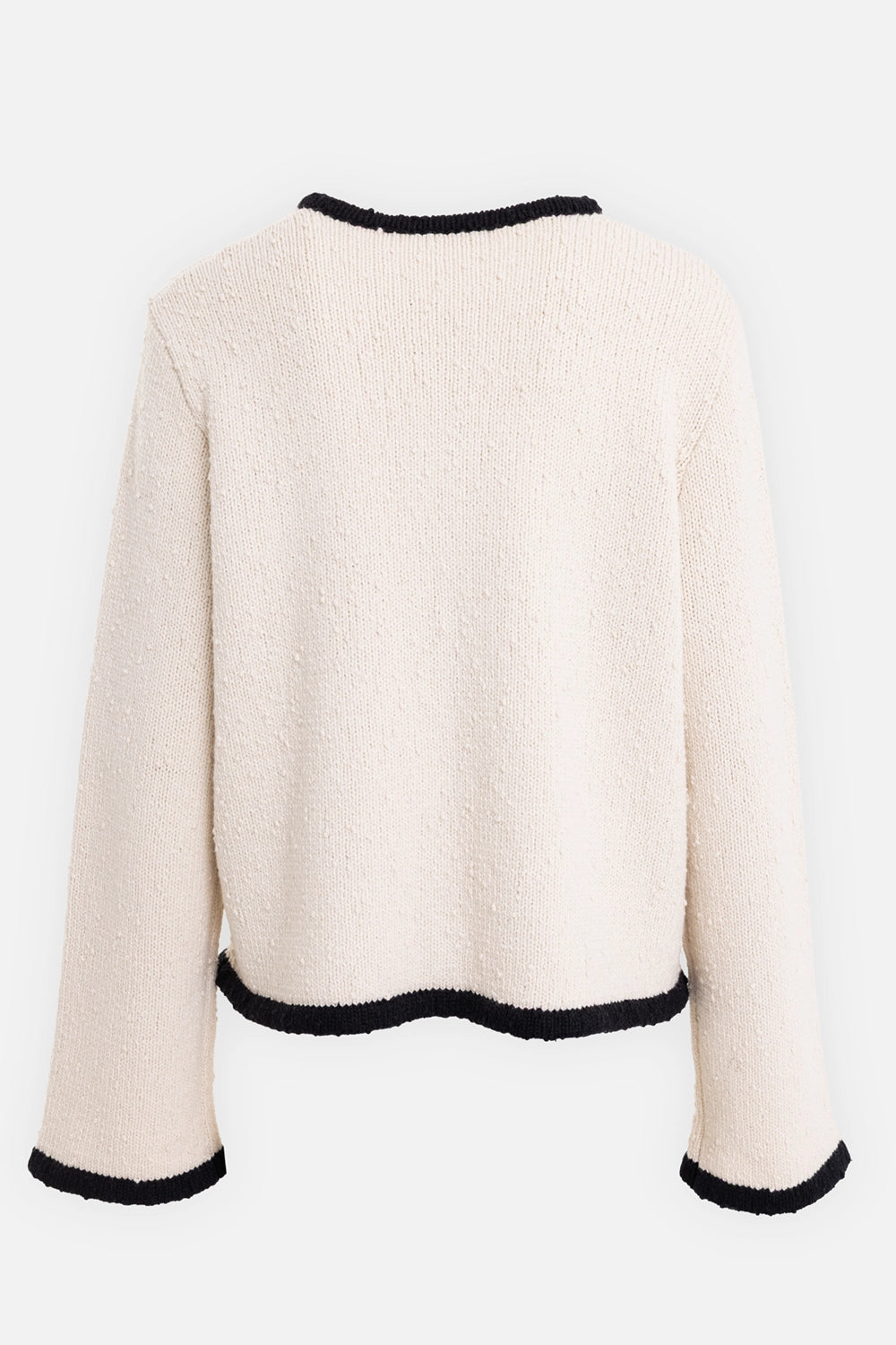By Malene Birger women's Rikko cardigan in Black White Color Block, back view with plain knit back and black hem trim