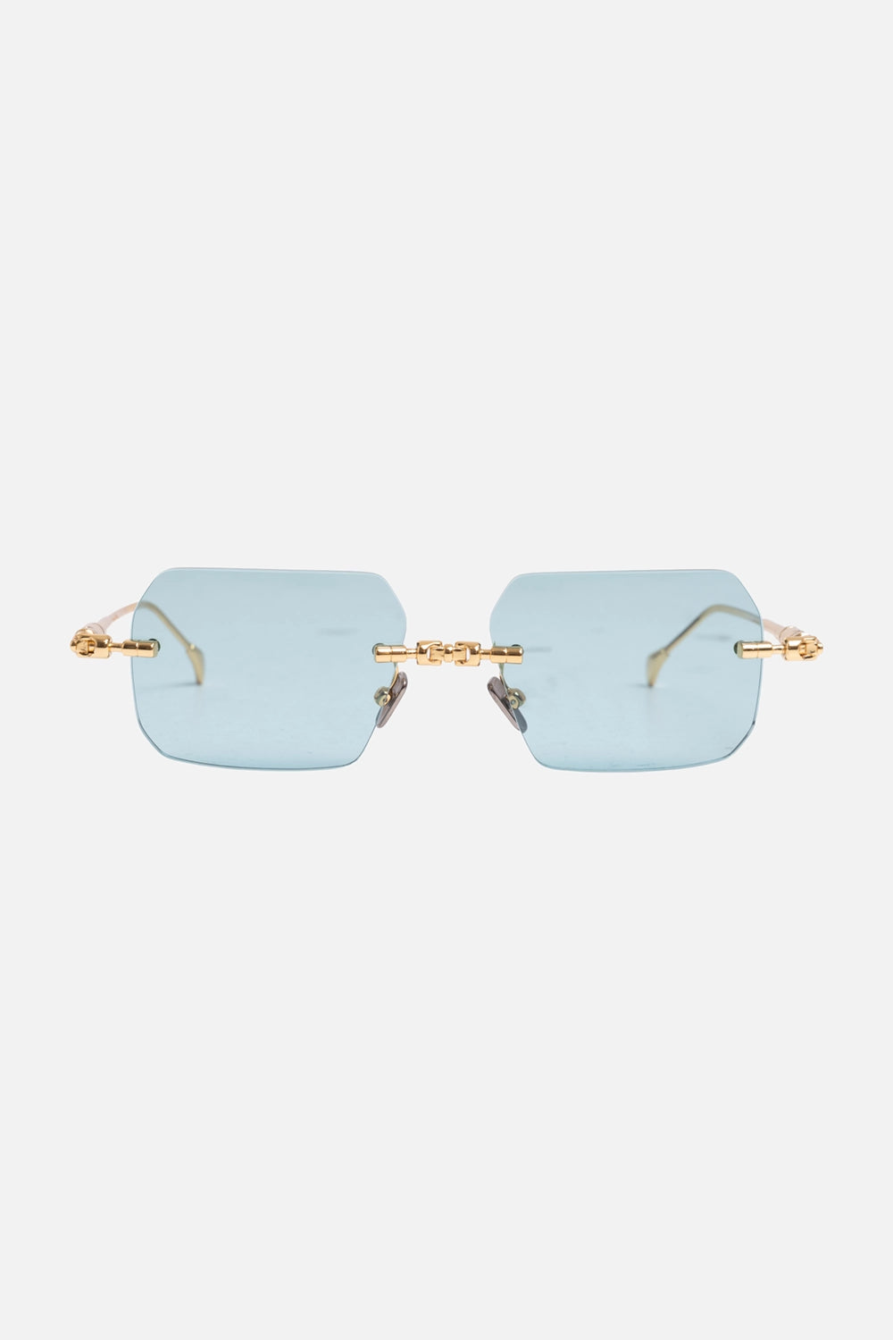 Kuboraum unisex rimless rectangular sunglasses in gold, front view, light aquamarine lenses and nose pads