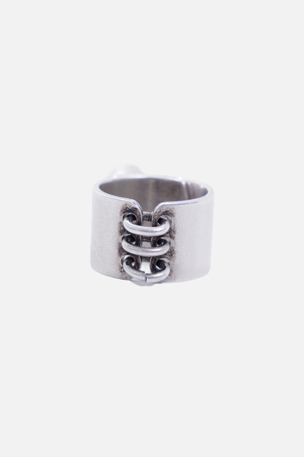 Ann Demeulemeester women's Aurelie ring in antique silver, back view with three connector links