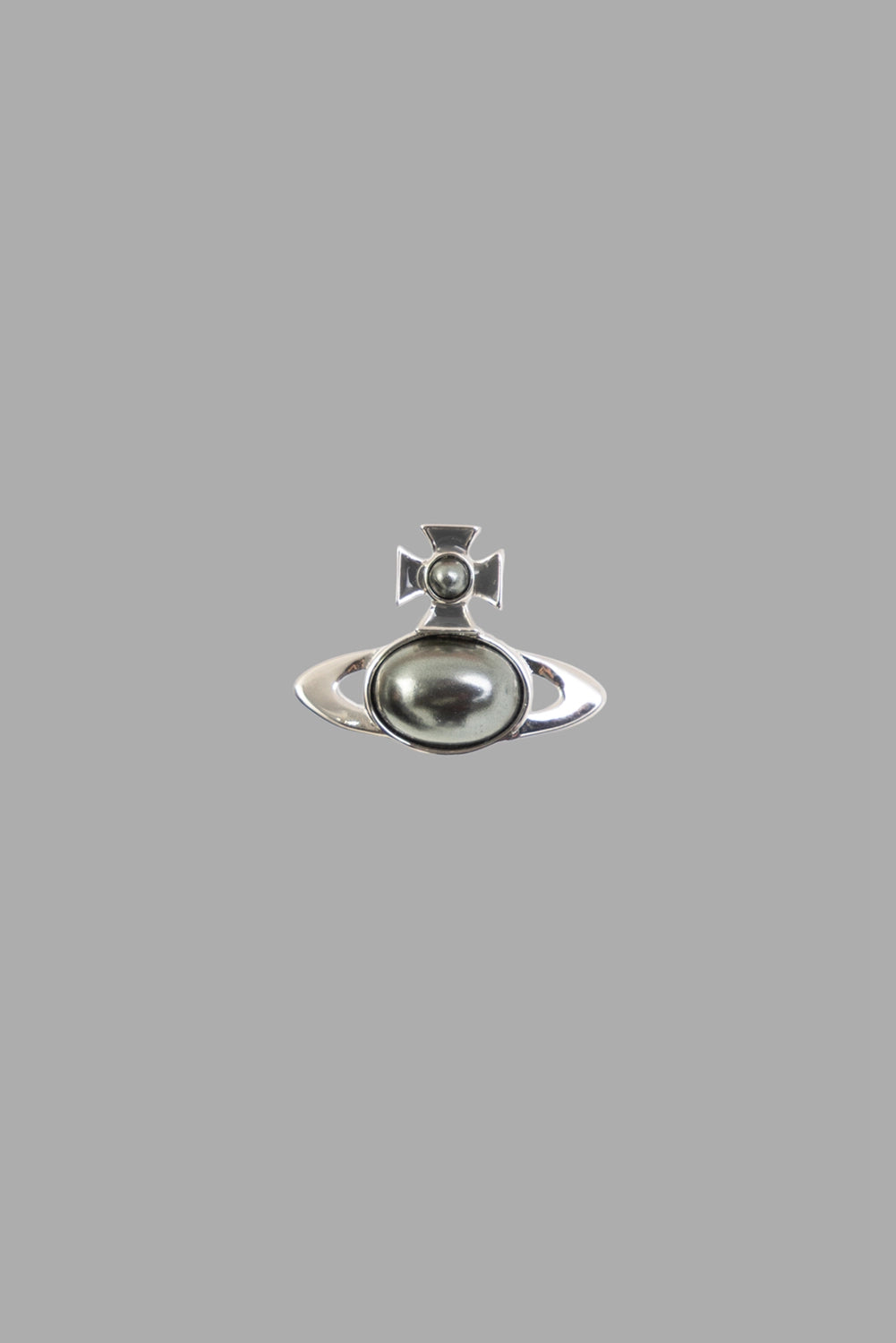 Vivienne Westwood women's ring in platinum, front view, orb-shaped face with oval cabochon and open orbit detailing