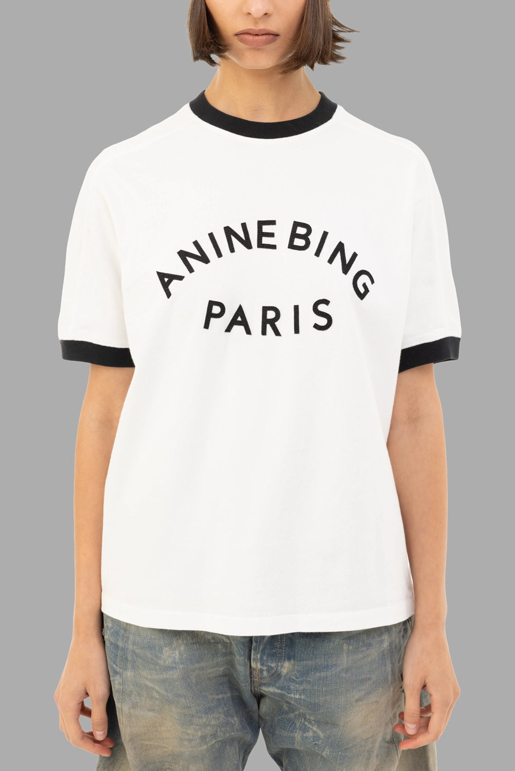 ANINE BING women ringer logo T-shirt in ivory, front view, felt ANINE BING PARIS applique, contrast trims
