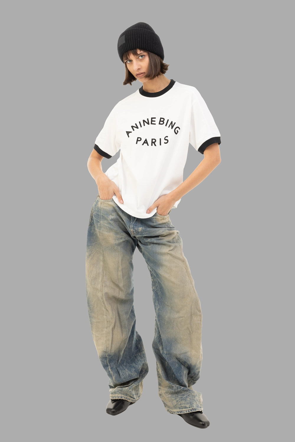 ANINE BING women ringer logo T-shirt in ivory, on-model full length, contrast black collar and cuffs