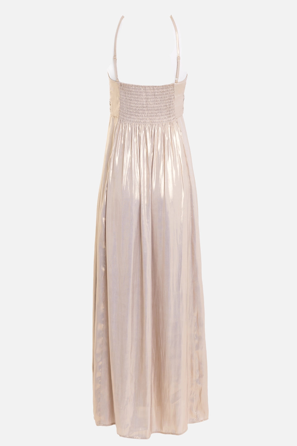 Zadig&Voltaire women's Rippie satin dress in Gold, back view with smocked bodice and thin straps