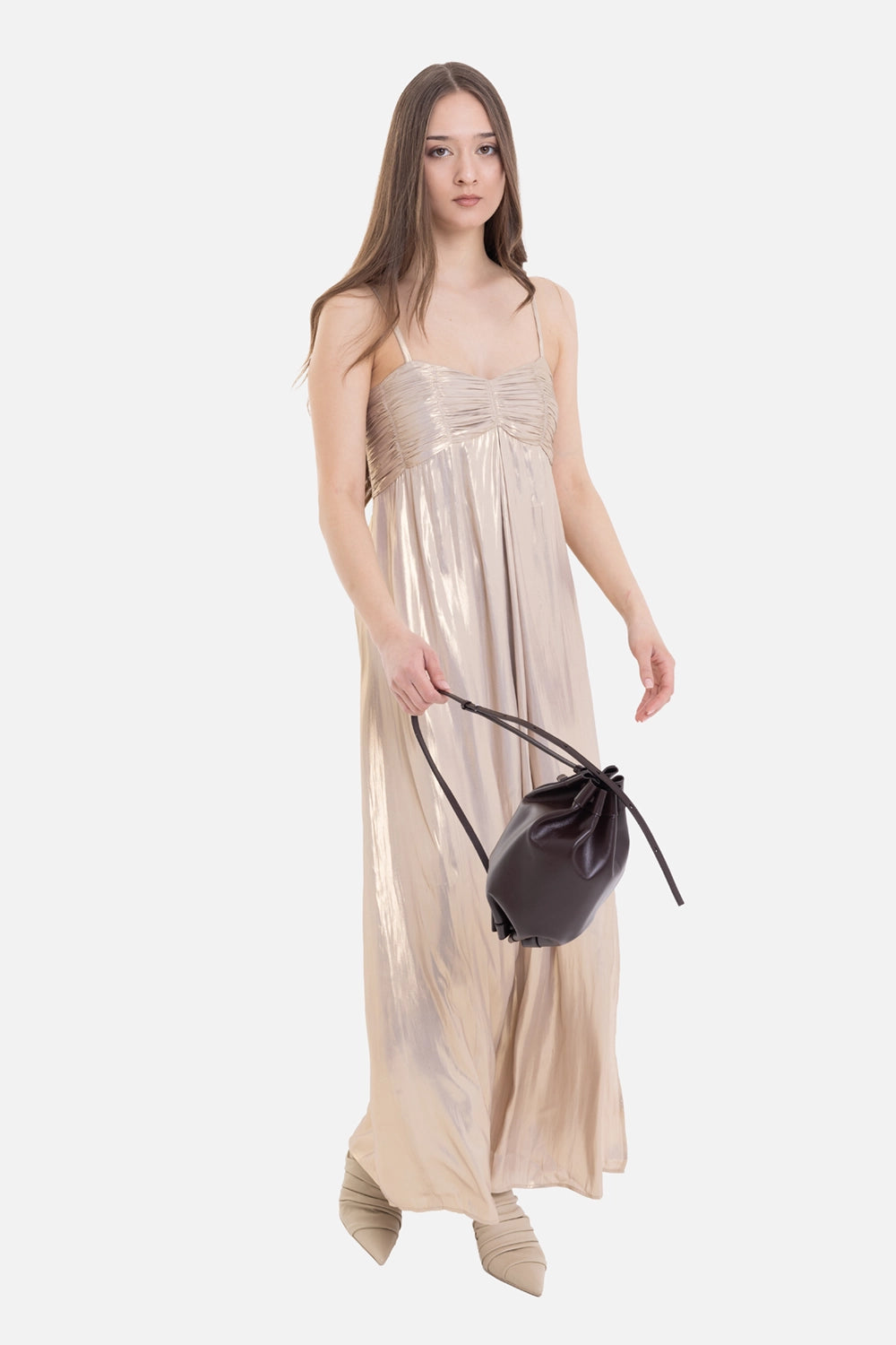 Zadig&Voltaire women's Rippie satin dress in Gold, on-model full-length with pleated bust and front slit