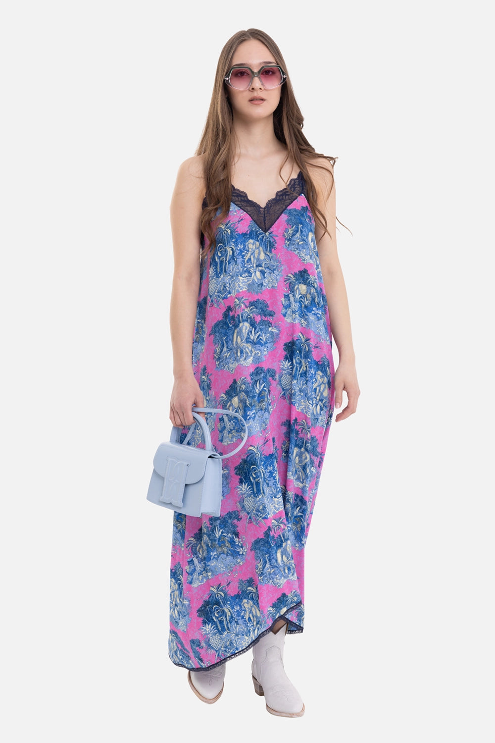 Zadig & Voltaire women's slip dress in pink and blue, on-model full-length view, thin straps and lace V-neck