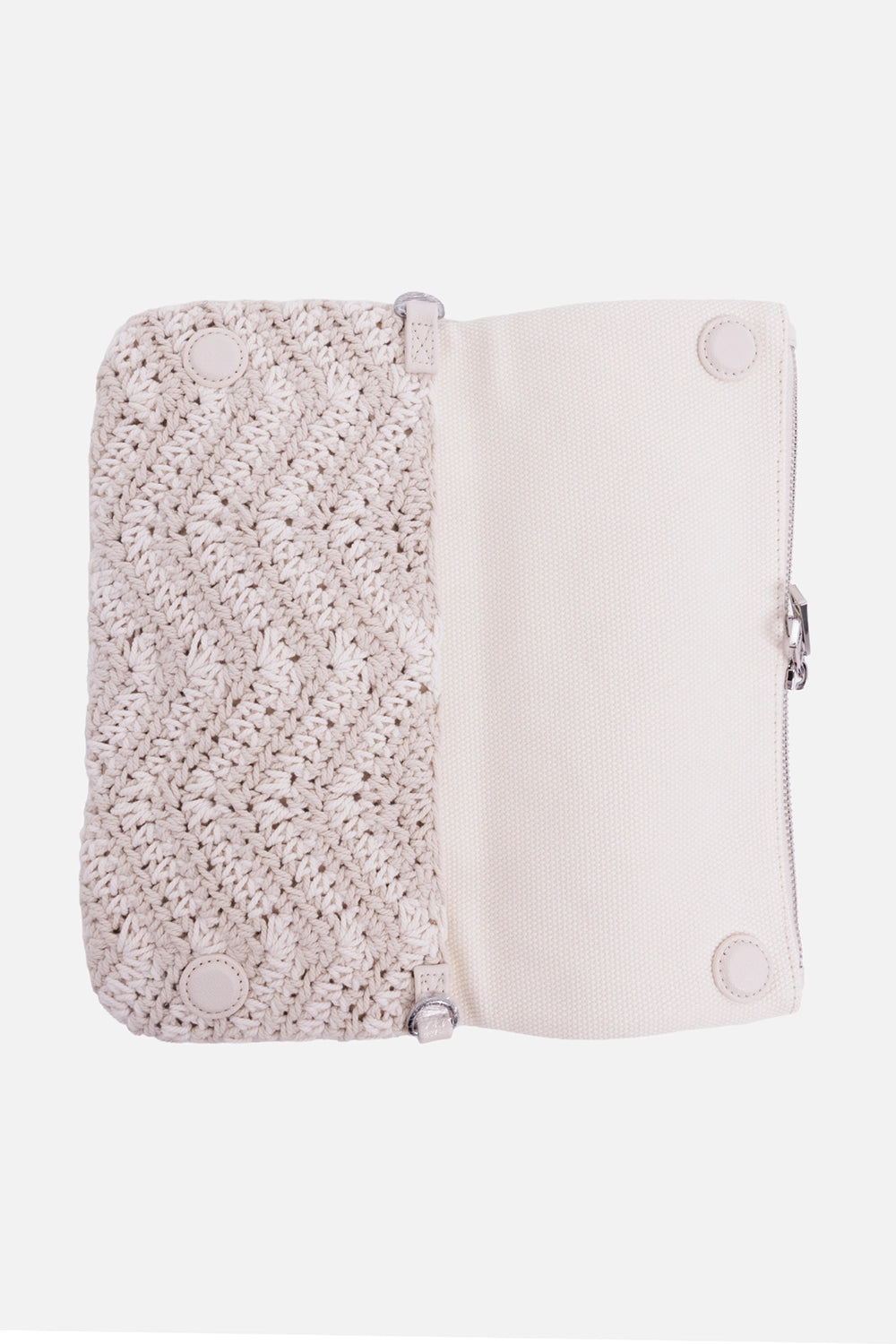 Zadig & Voltaire women's Rock Macramé clutch in Flash cream, back view with woven flap and zip pocket