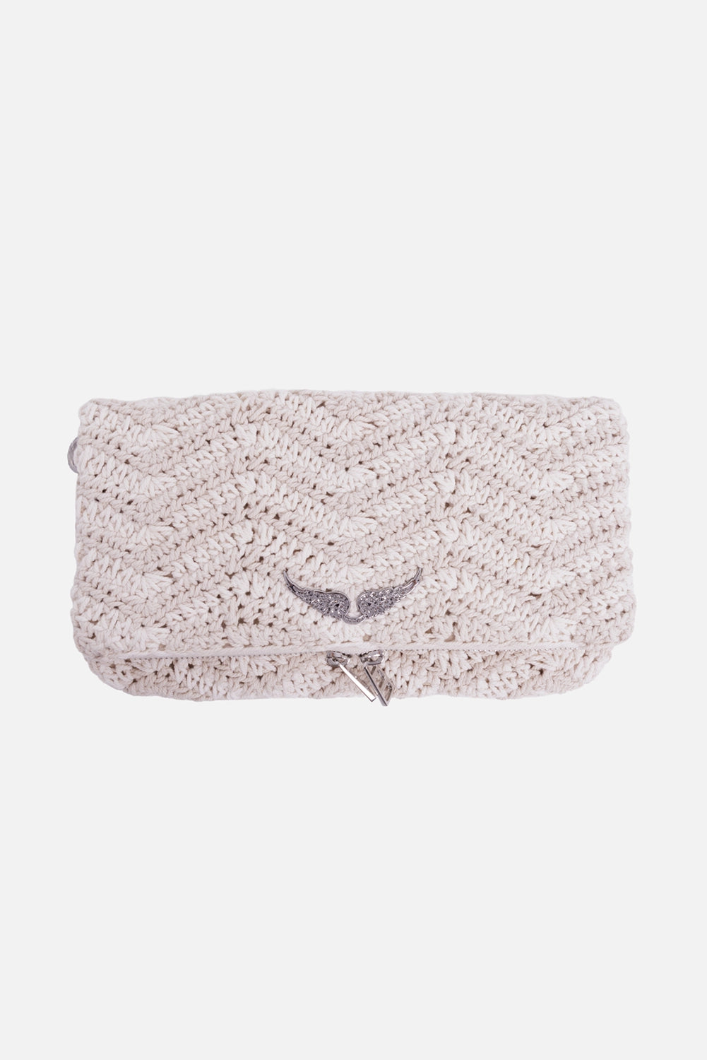 Zadig & Voltaire women's Rock Macramé clutch in Flash cream, front view with rhinestone wing motif