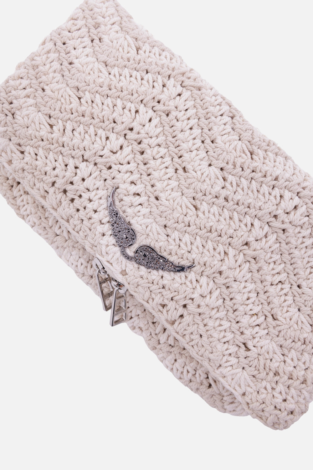 Zadig & Voltaire women's Rock Macramé clutch in Flash cream, detail view with crystal-set metal wings