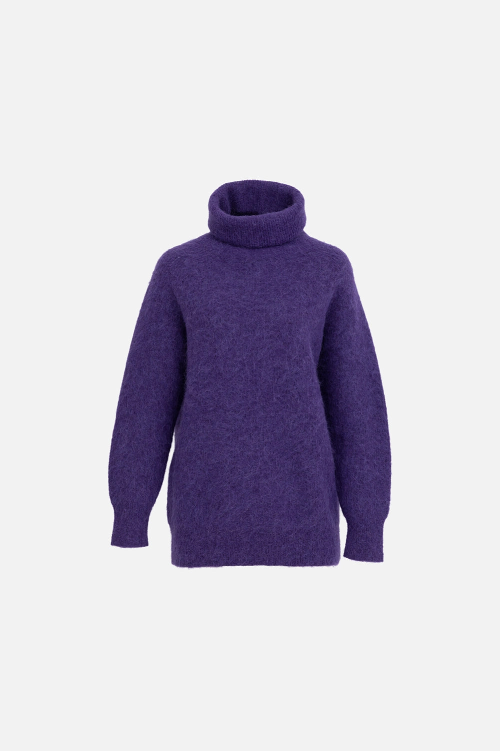 JOSEPH roll-neck sweater in violet, front view, chunky folded collar with ribbed cuffs