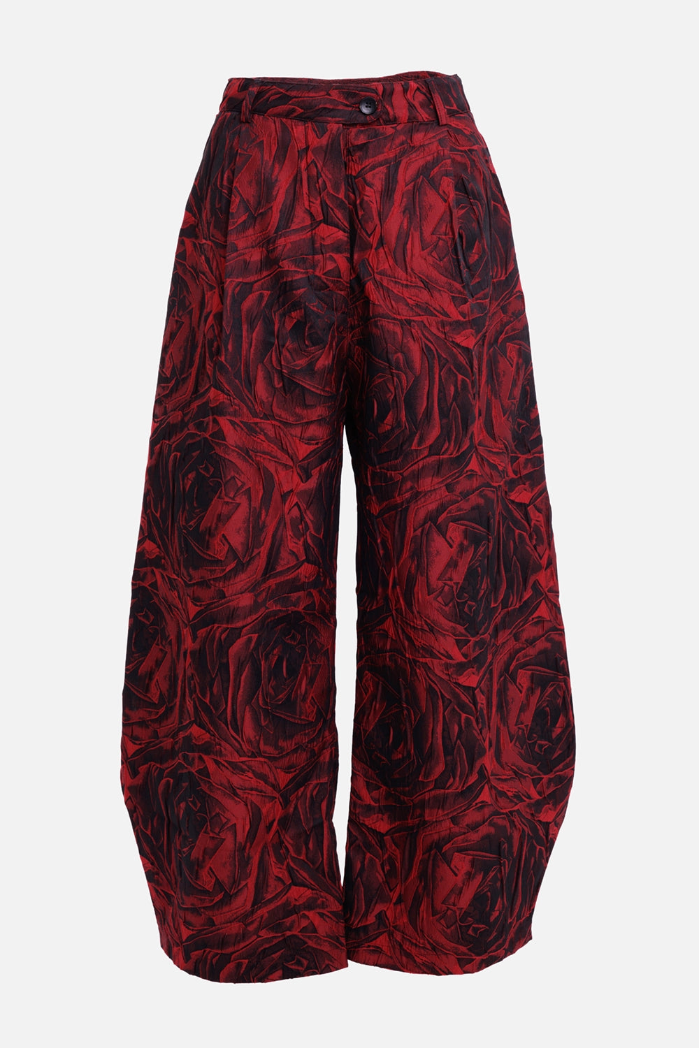Marc Point women's trousers in red and black, front view with oversized rose print and curved balloon legs