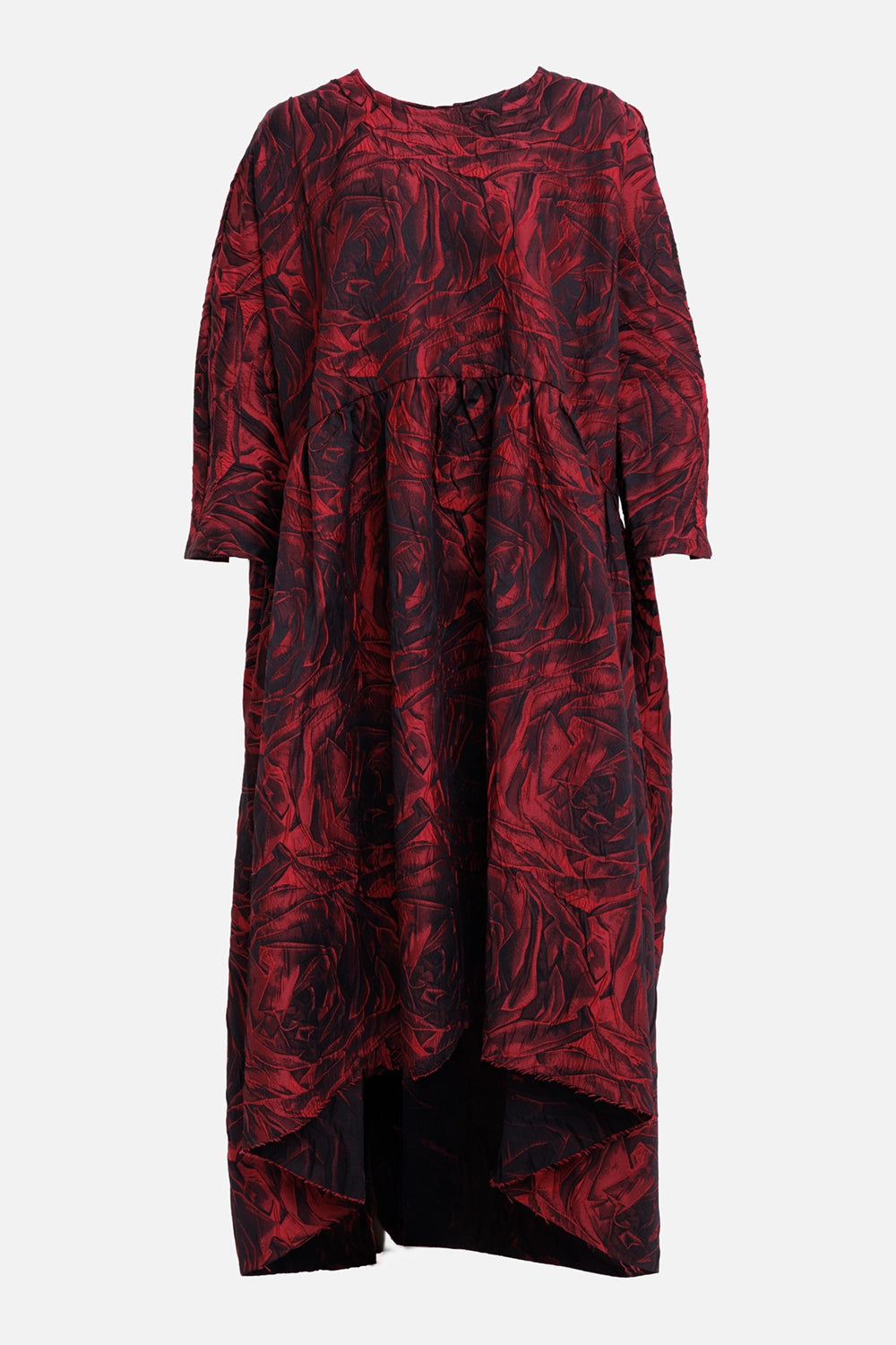 Marc Point women's dress in red and black, front view with oversized rose print, gathered waist and high-low hem