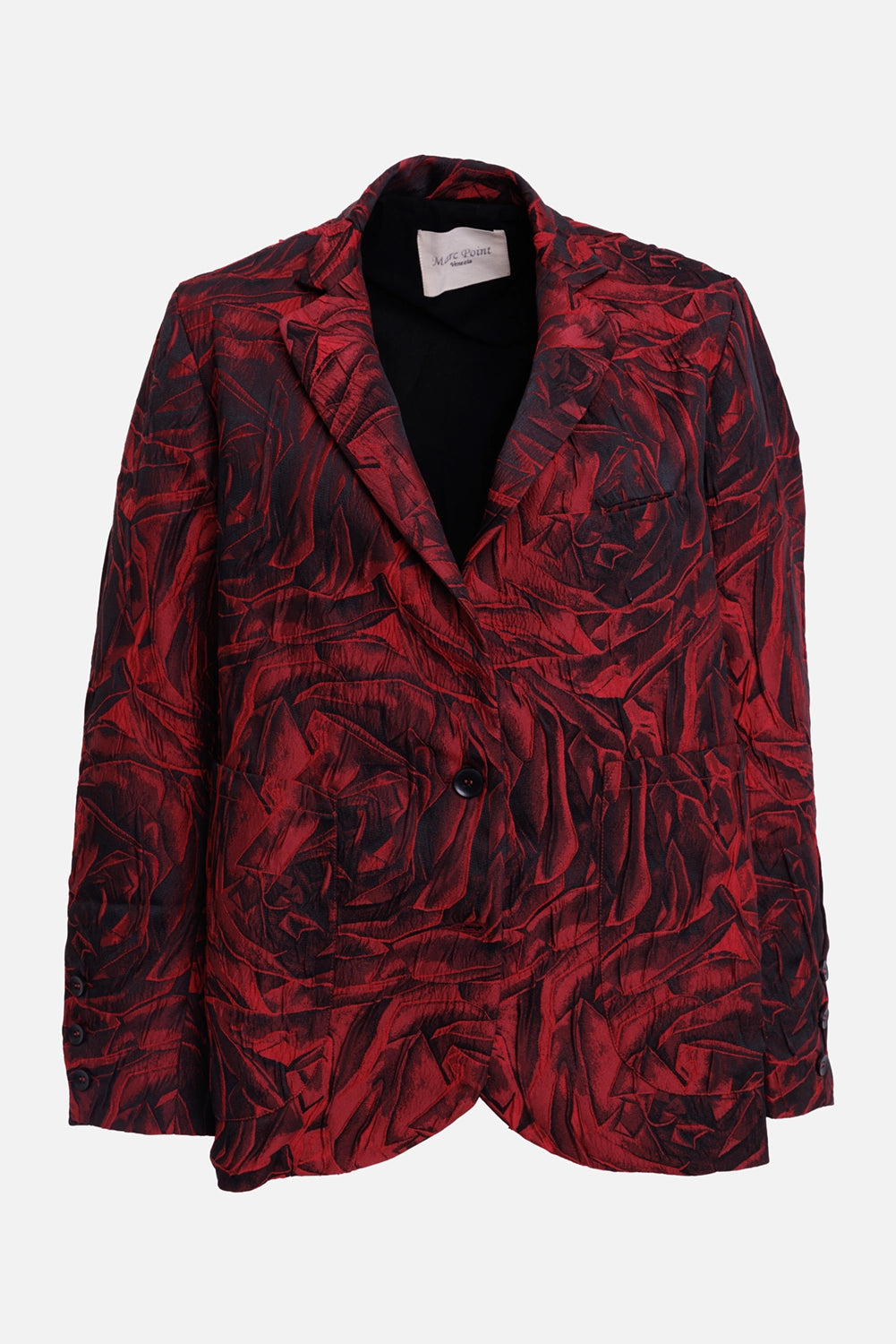 Marc Point women's blazer in red and black, front view with oversized rose print, notch lapels and patch pockets