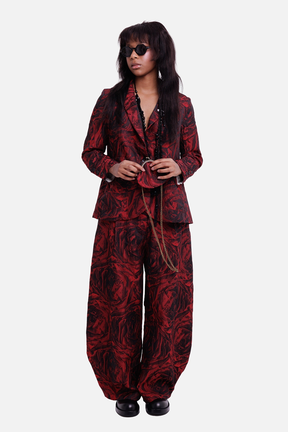 Marc Point women's rose print blazer in red and black, full-length model view with single-button tailoring