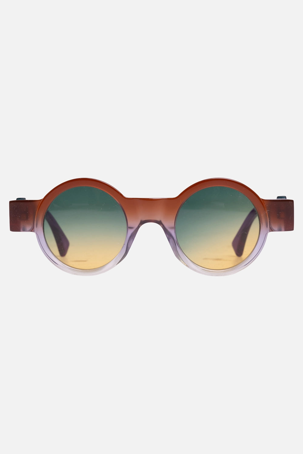 Kuboraum unisex round sunglasses in gradient violet orange, front view, green-orange lenses and smooth rims