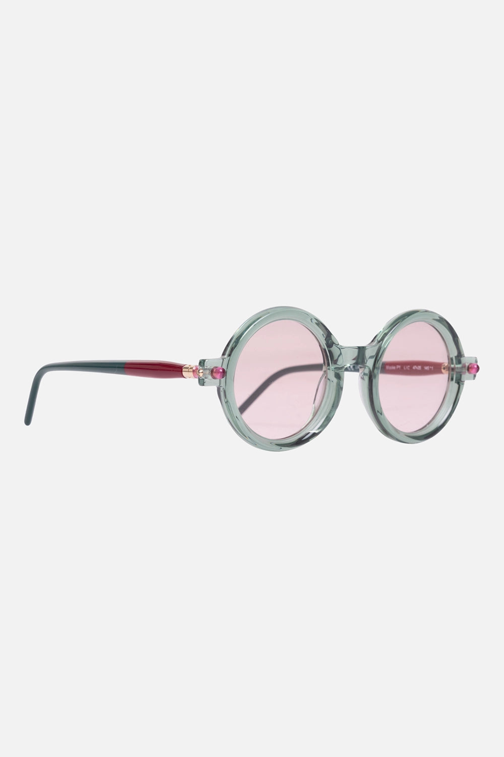 Kuboraum unisex round sunglasses in lichen green, 3/4 view, red temple sleeve and clear rims
