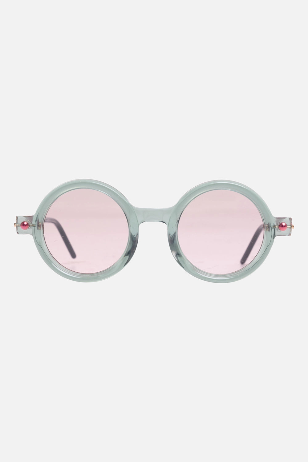 Kuboraum unisex round sunglasses in lichen green, front view, pink lenses and pink hinge pins