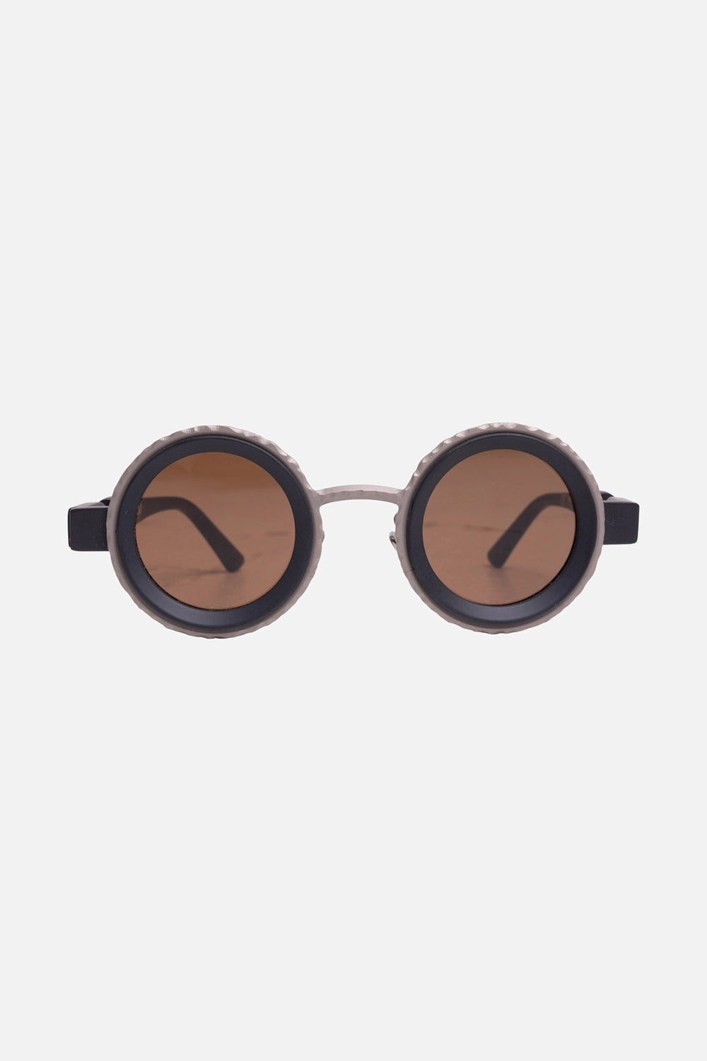 Kuboraum unisex round sunglasses in natural titanium and black matt, front view, brown lenses and ridged rims