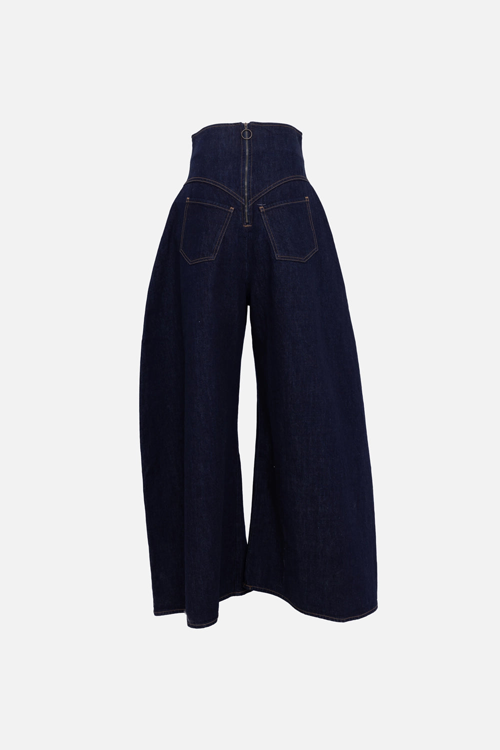 A.W.A.K.E. MODE Roy back-to-front jeans in indigo rinse wash, back view showing ring-zip waistband and rear pockets