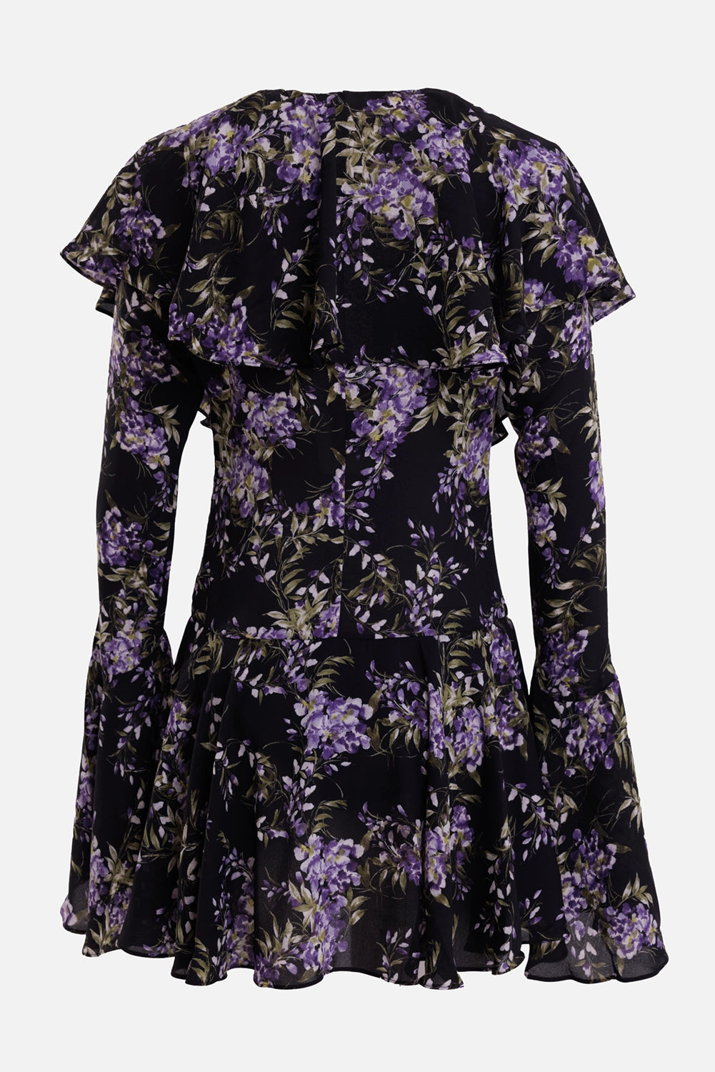 Norma Kamali women's mini dress in Lavender Floral, back view with shoulder ruffle and flared bell sleeves