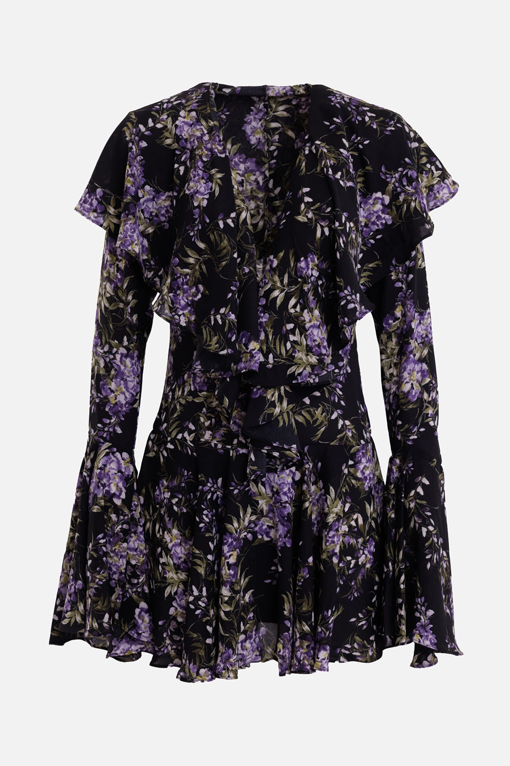 Norma Kamali women's mini dress in Lavender Floral, front view with cascading ruffles and pleated mini hem
