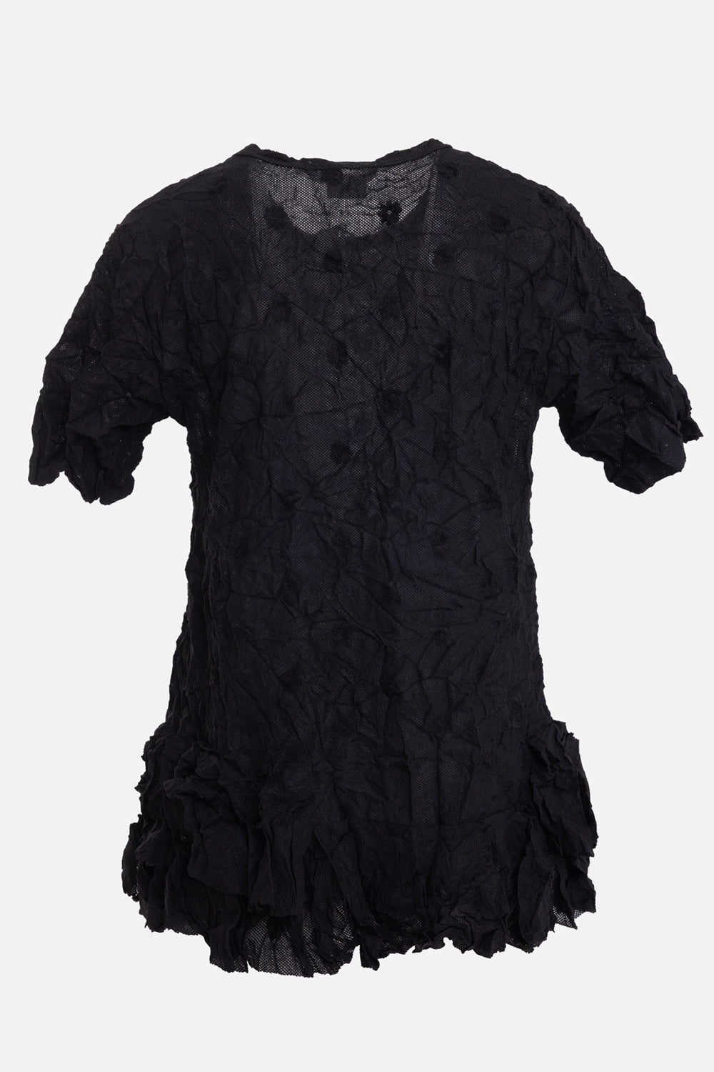 Comme des Garçons Comme des Garçons women's crinkled T-shirt in black, back view, sheer texture and ruffle hem