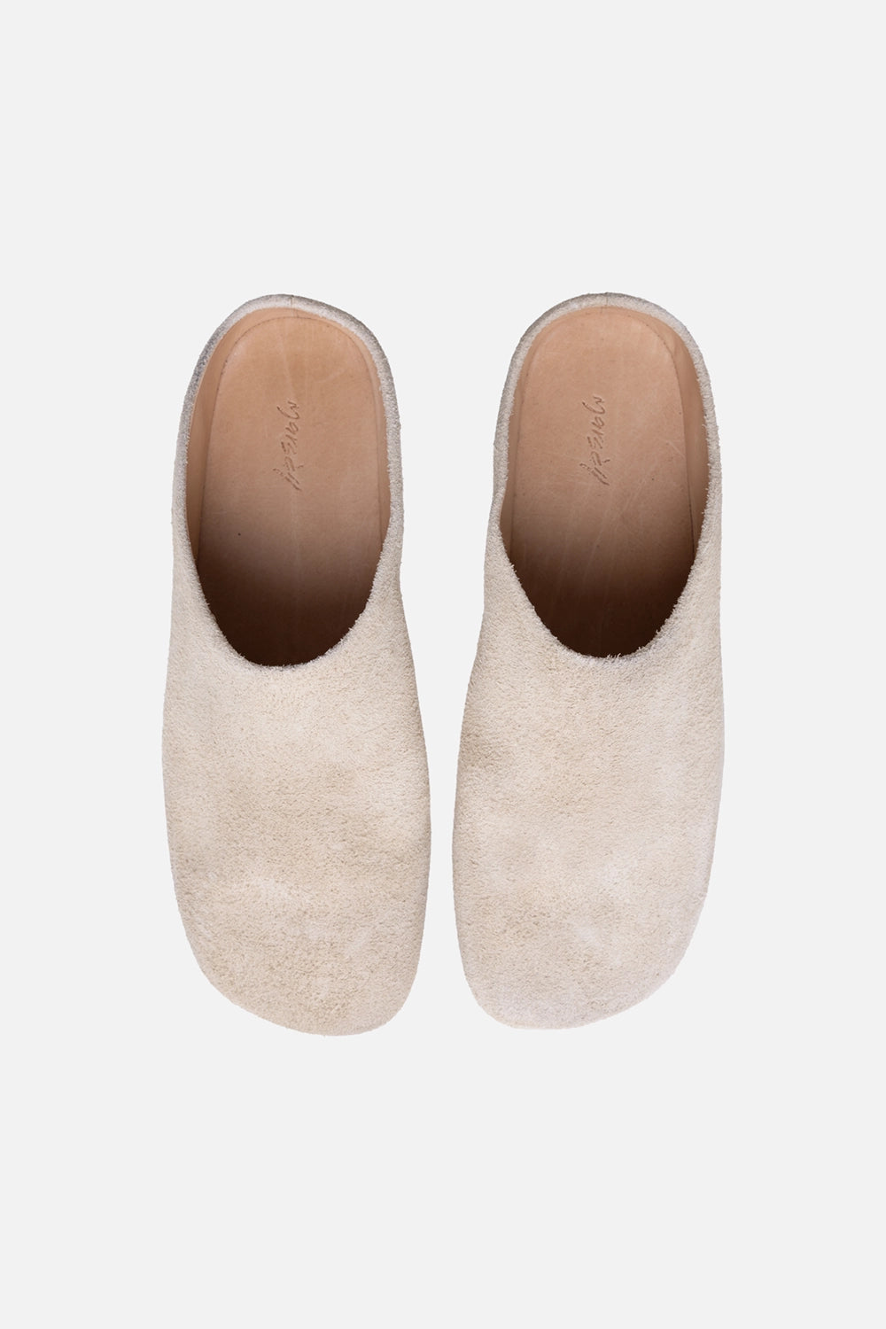 Marsèll men’s sabot mules in biscotto, top view, soft suede texture and rounded toe
