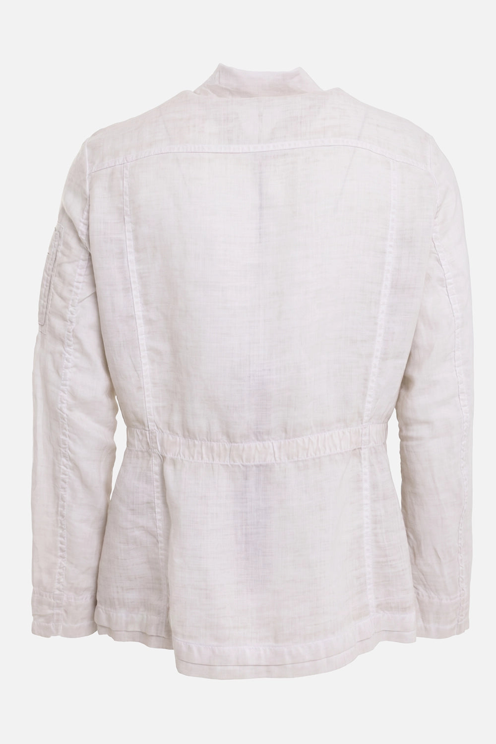 Masnada men's Sahariana ramie jacket in Cement, back view with gathered waist seam and panelled shoulders