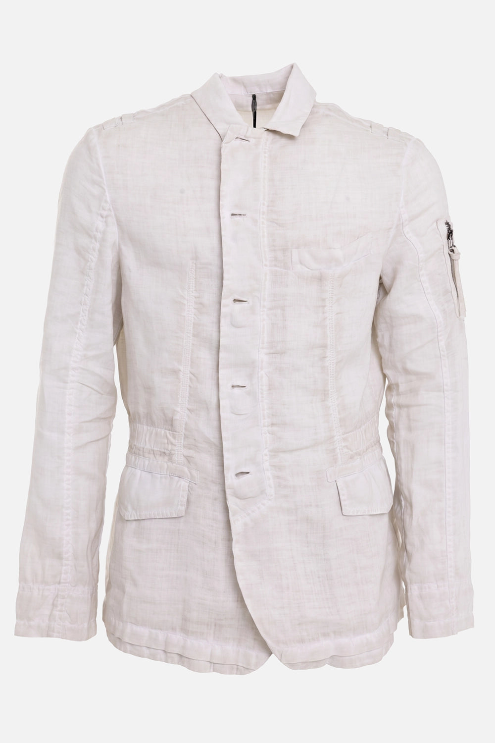 Masnada men's Sahariana ramie jacket in Cement, front view with chest pocket, flap pockets and button placket