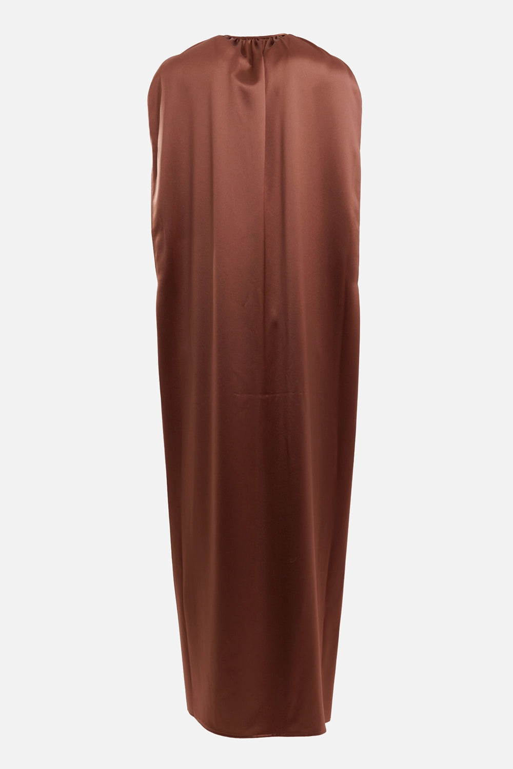 By Malene Birger women's satin maxi cape in Latte Brown, back view with smooth drape and rounded maxi hem