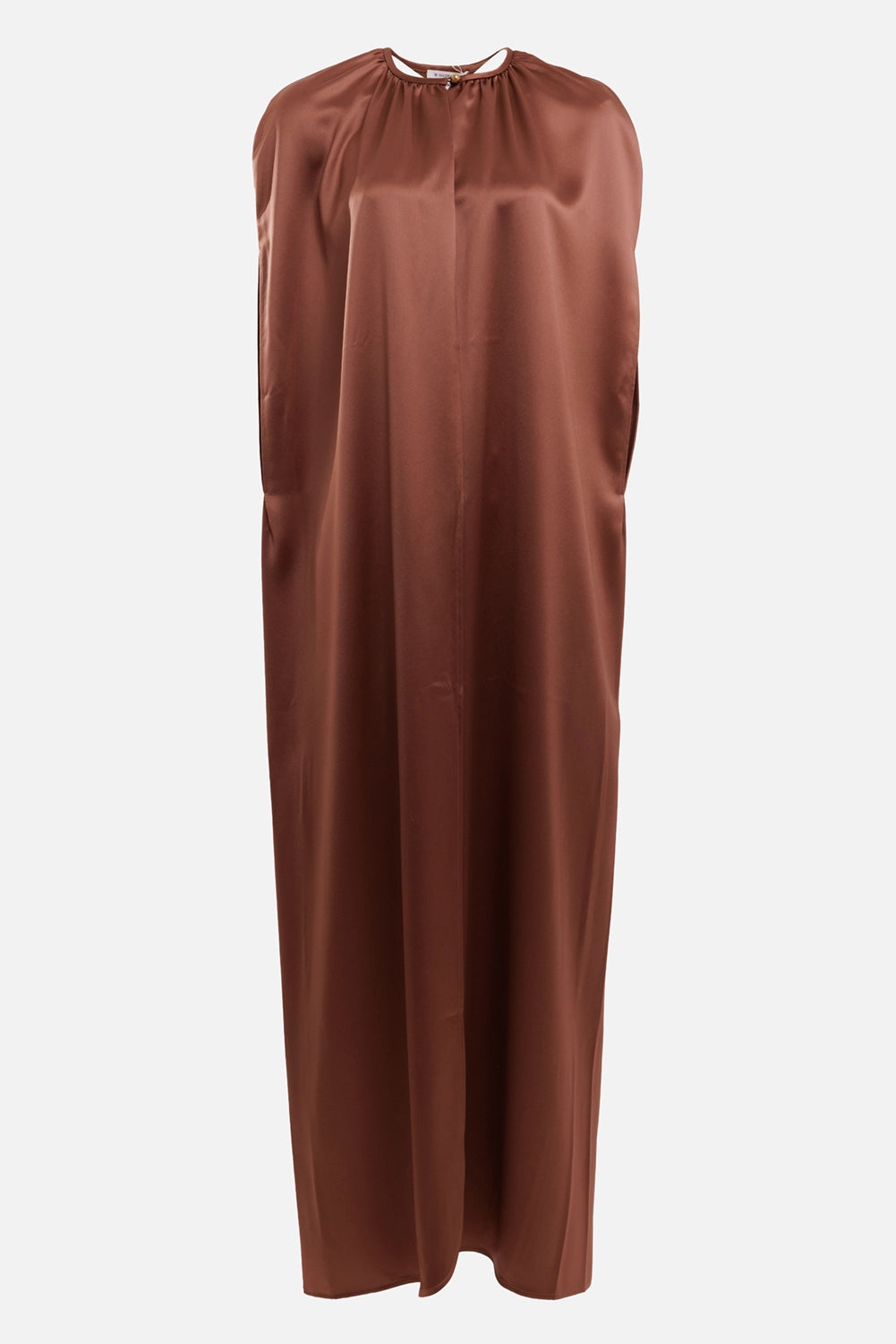 By Malene Birger women's satin maxi cape in Latte Brown, front view with gathered neckline and button closure