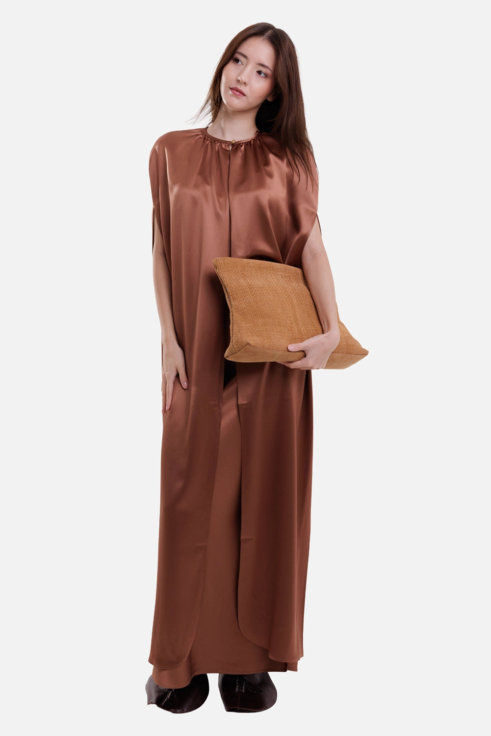 By Malene Birger women's satin maxi cape in Latte Brown, on-model view with gathered neck and fluid drape