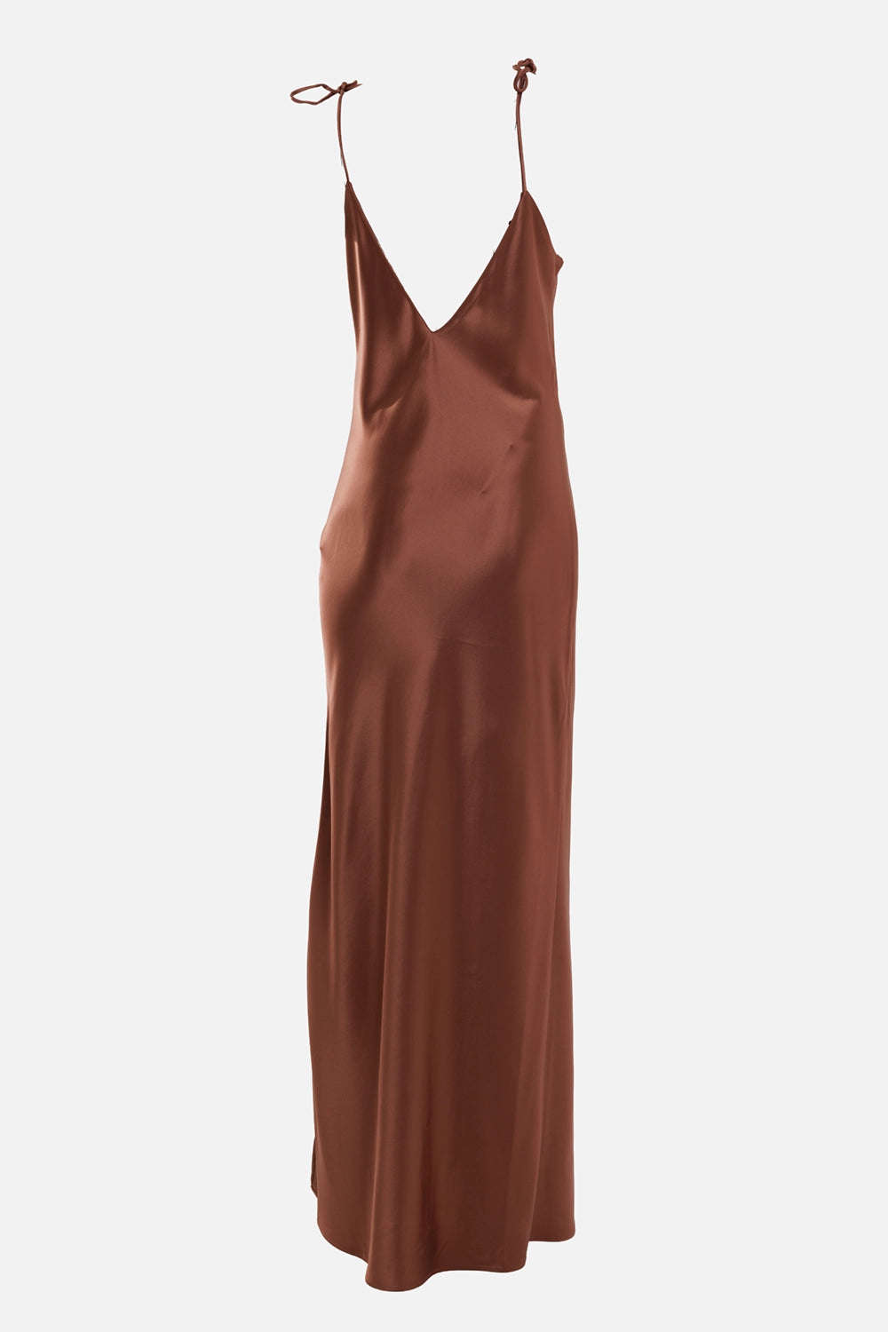 By Malene Birger women's satin maxi dress in Latte Brown, back view with low V-back, tied straps and long draped hem
