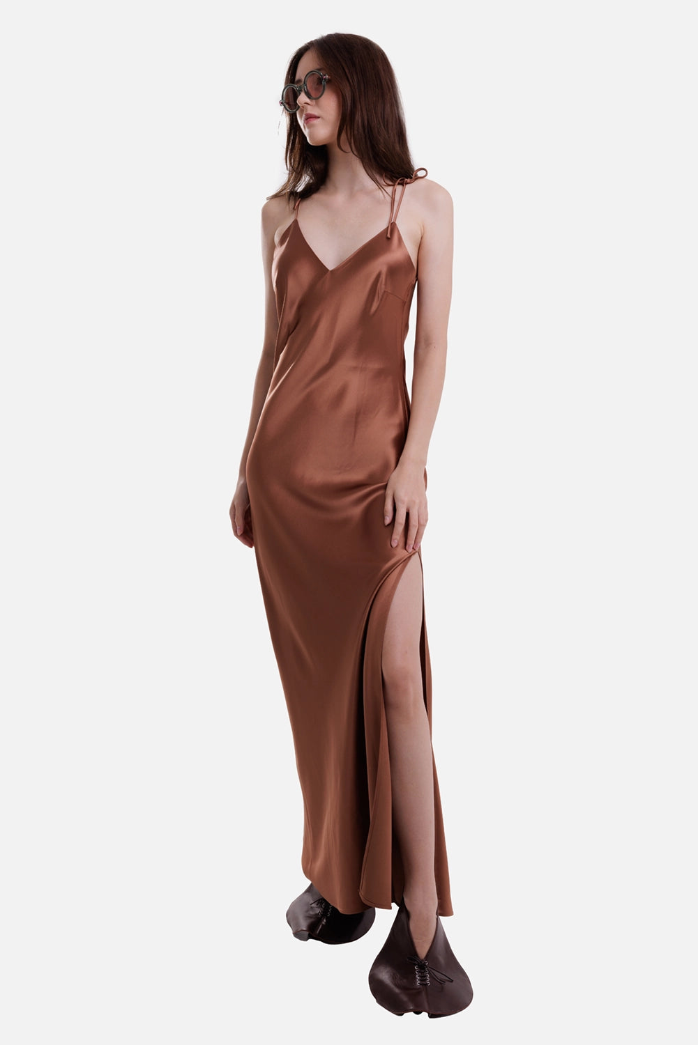 By Malene Birger women's satin maxi dress in Latte Brown, full-length view with V-neck, tie straps and side slit
