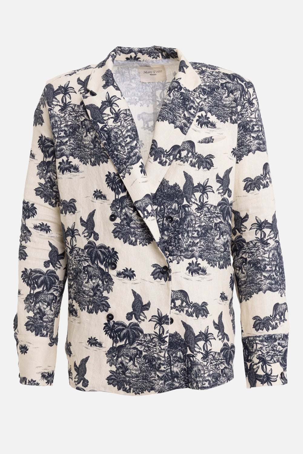 Marc Point men's linen jacket in natural beige, front view, notched lapels and jungle landscape print