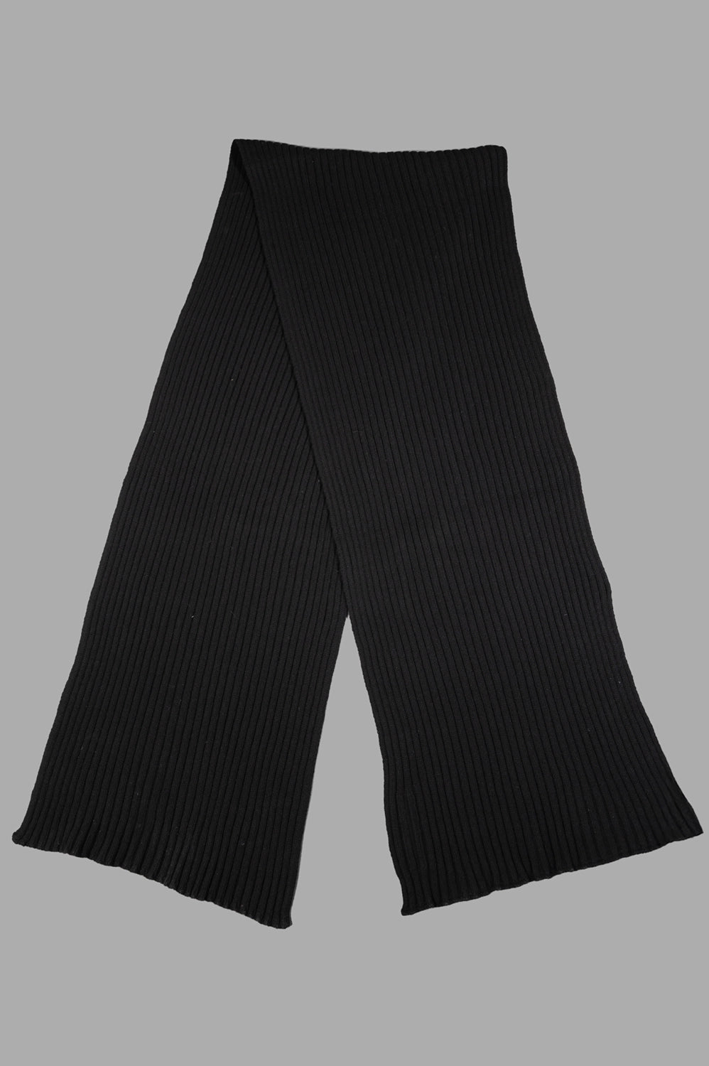 Rick Owens scarf in black, front view laid flat showing long rectangular shape and wide rib texture