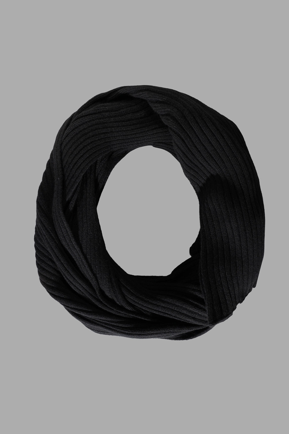 Rick Owens scarf in black, front view with ribbed knit and looped styling