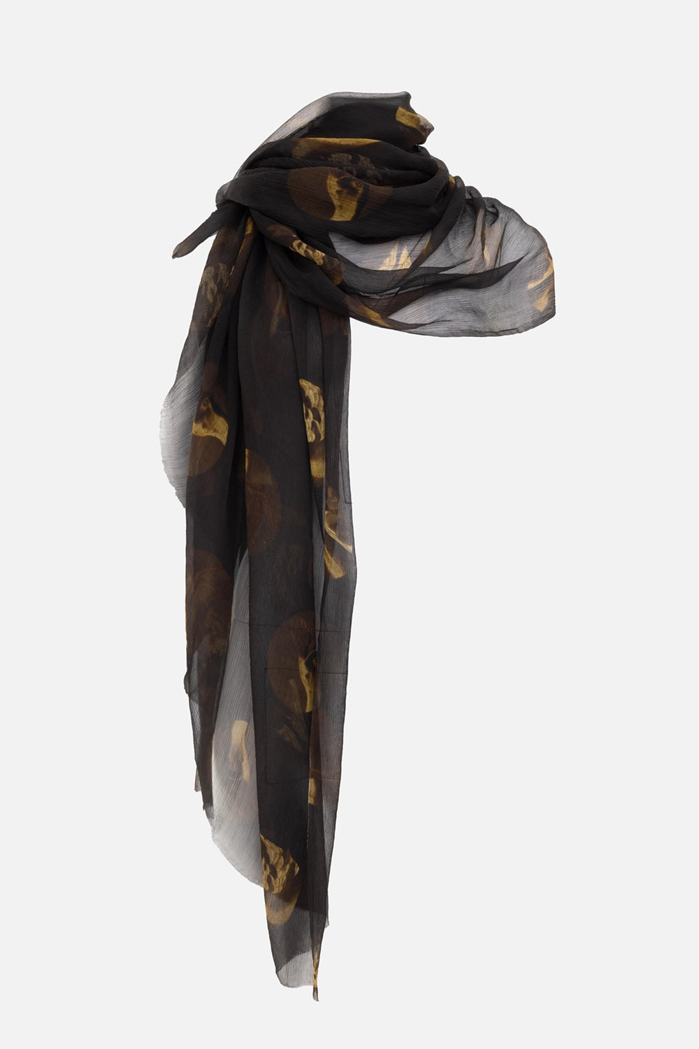 Uma Wang unisex scarf in brown/tan, draped view, large rectangular silhouette with abstract circle print
