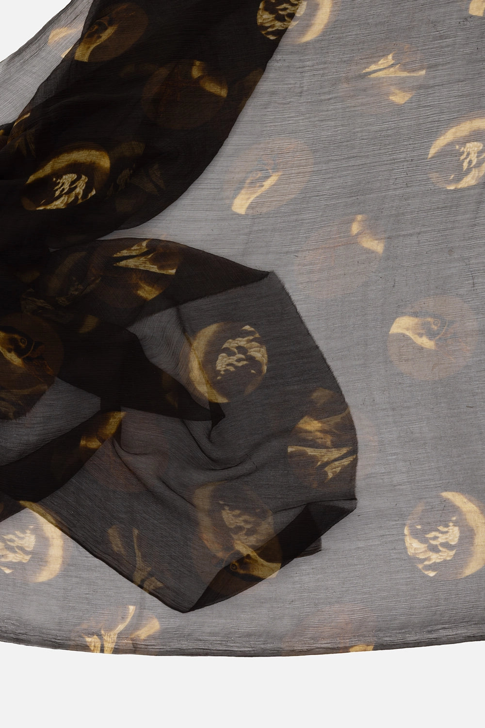 Uma Wang unisex scarf in brown/tan, fabric close-up, sheer crinkled weave with circular motif print